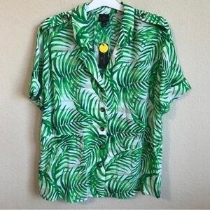 Worthington Top Tropical Palm Tree Print Button Down Shirt Short Sleeve NWT